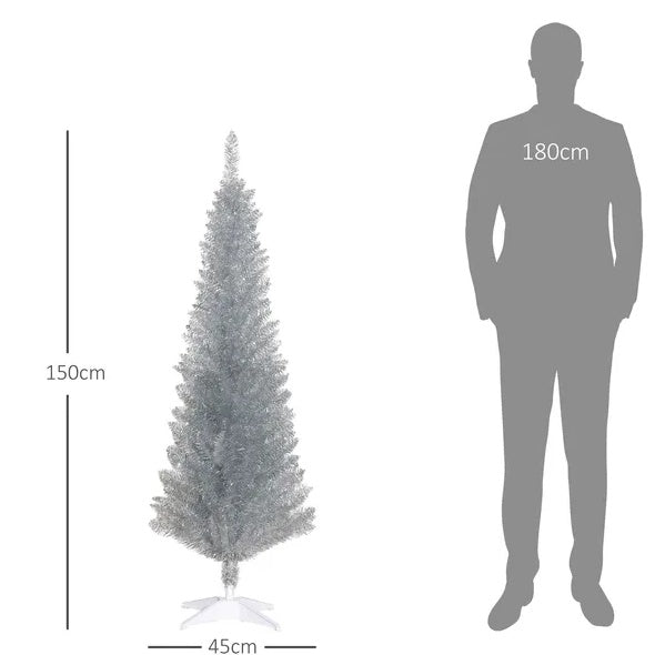 HOMCOM 5' Artificial Pencil Christmas Tree, Slim Xmas Tree With 294 Realistic Branch Tips And Plastic Stand, Silver