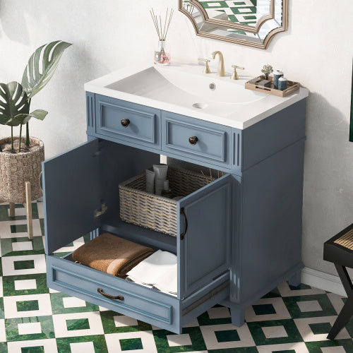 0 Inch Bathroom Vanity With Resin Sink, Solid Wood Frame Bathroom Storage Cabinet With Soft Close Door, Vintage Style, Blue