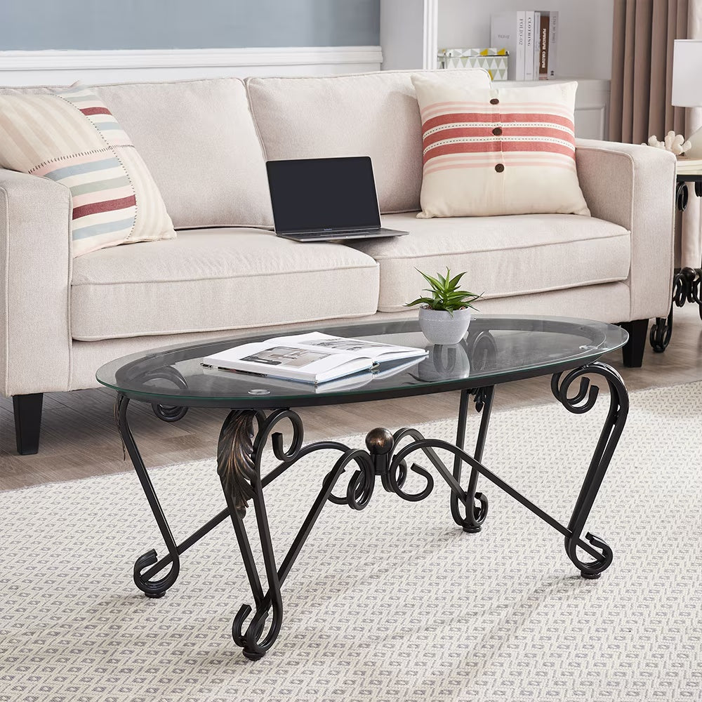 Tempered Glass Coffee Table Set Of 3,with 1 Oval Coffee Table 2 Round End Side Table,for Living Room