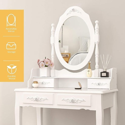 Vanity Table Set With 4 Drawer, Makeup Dressing Table W  Cushioned Stool, Girls Women Bedroom Furniture Set Oval Mirror