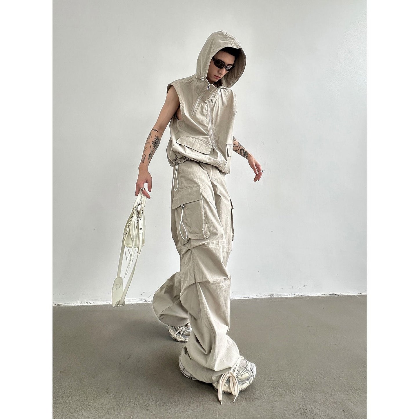 Men's Hooded Sleeveless Vest Wide Leg Trousers Overall Suit