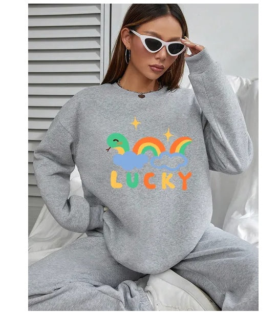 Women Basic Casual Pullover Spring Autumn Long Sleeve Rainbow Snake Printed Round Neck