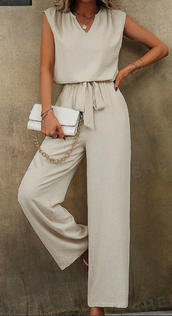 Women Solid Color Sleeveless Top With Notch Neckline And Belted Long Pants Set