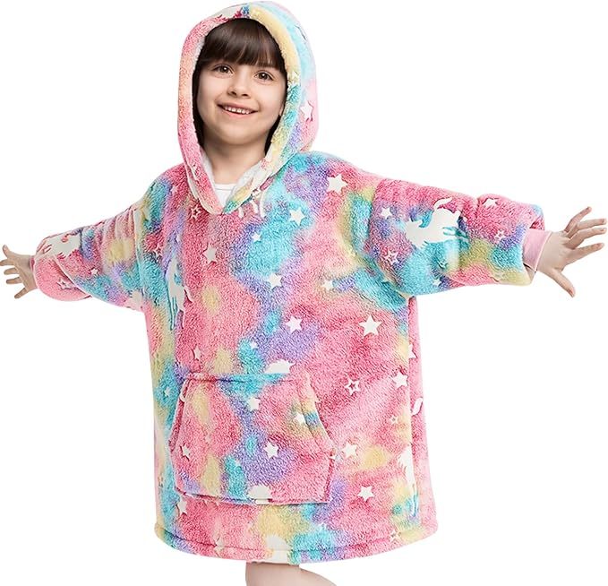 RAINBEAN Glow In The Dark Wearable Blanket Hoodie For Kid, Oversized Hooded Wearable Blanket Sherpa, Soft Blanket Hooded Gift For Girls And Boys 3-6 Years