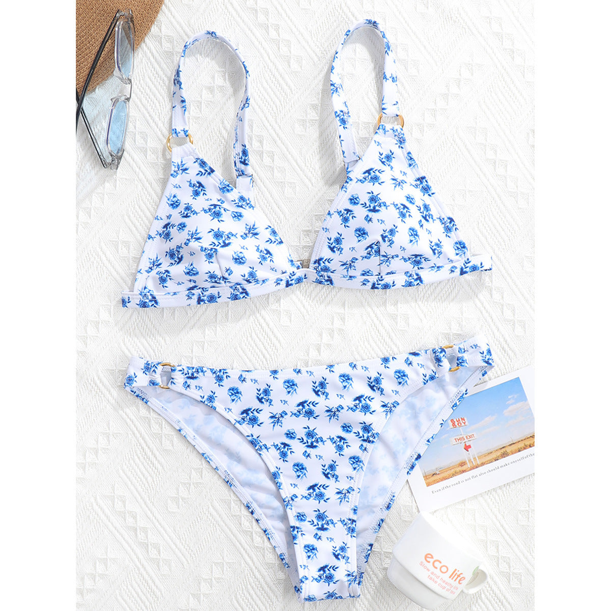 Women's Sexy Blue Floral Print 2 Piece Swimsuit With Ring Clips