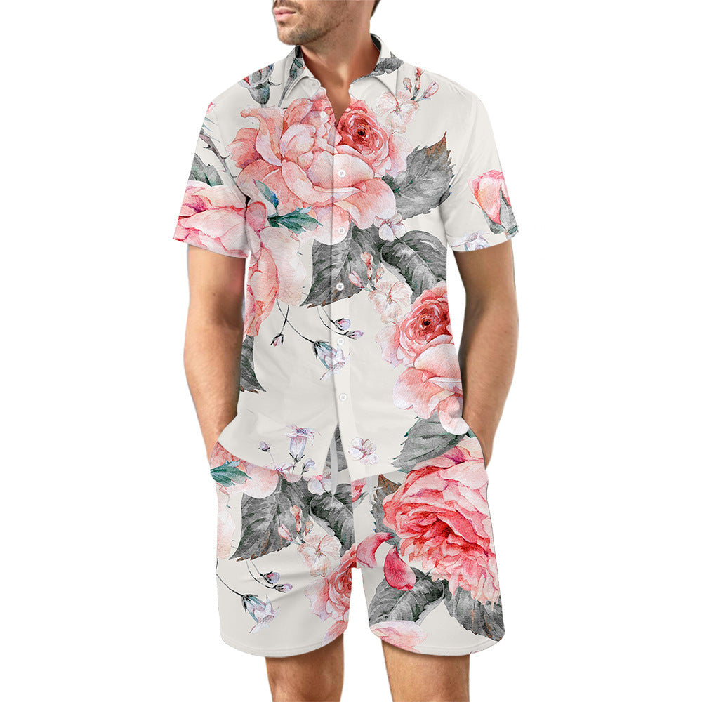 Men's 2Pcs Printed Beach Shirt Summer Suit