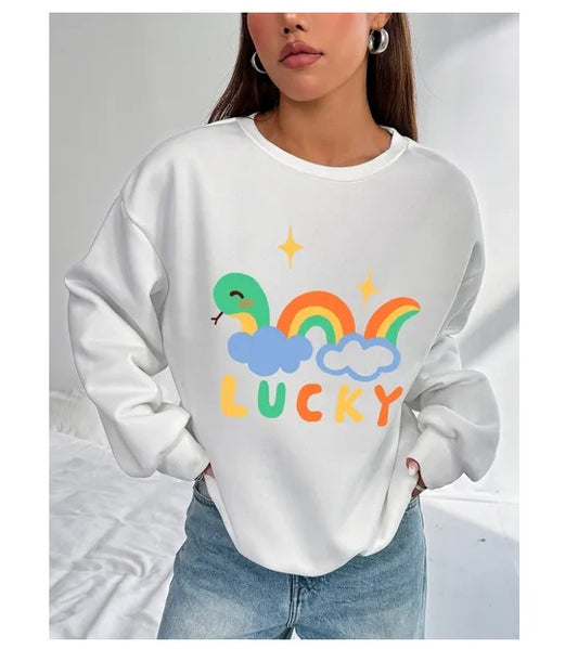 Women Basic Casual Pullover Spring Autumn Long Sleeve Rainbow Snake Printed Round Neck