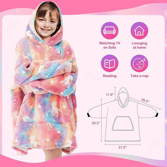 RAINBEAN Glow In The Dark Wearable Blanket Hoodie For Kid, Oversized Hooded Wearable Blanket Sherpa, Soft Blanket Hooded Gift For Girls And Boys 3-6 Years