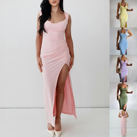 Slim Sleeveless Slit Dress With Back Tie Design For Women