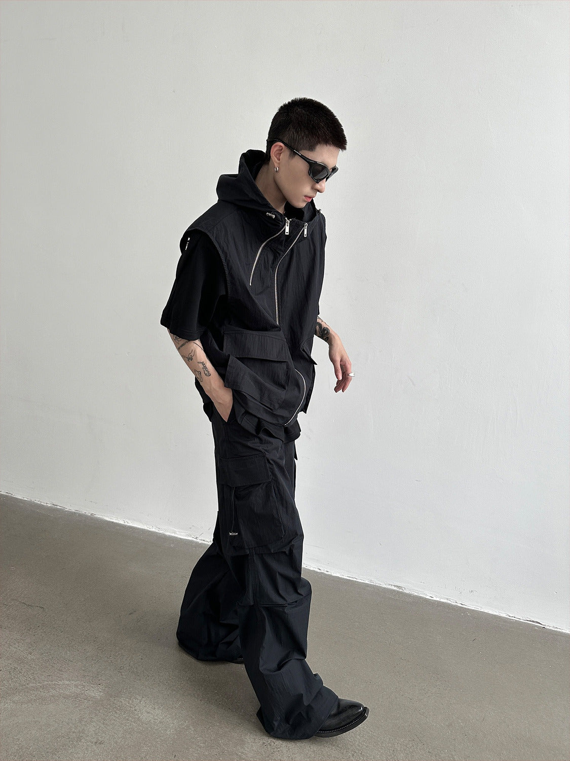 Men's Hooded Sleeveless Vest Wide Leg Trousers Overall Suit