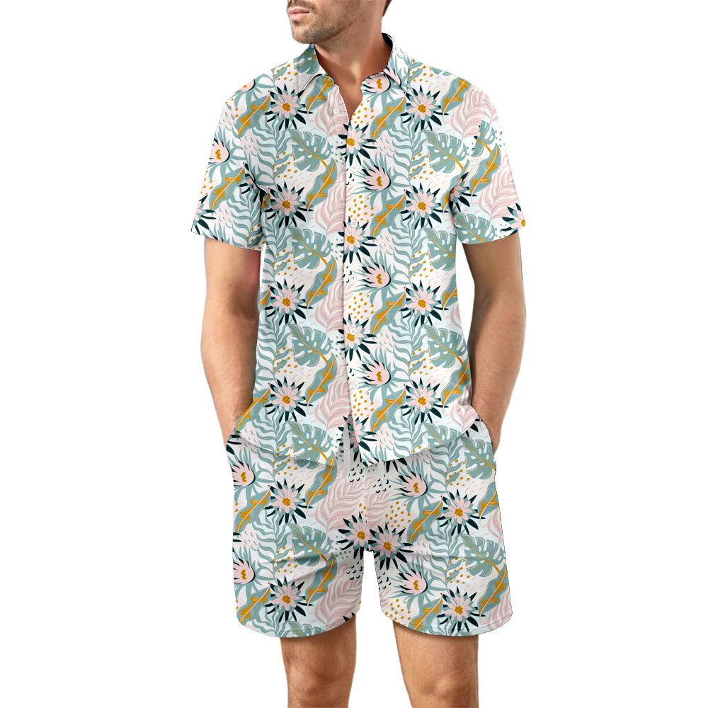 Men's 2Pcs Printed Beach Shirt Summer Suit