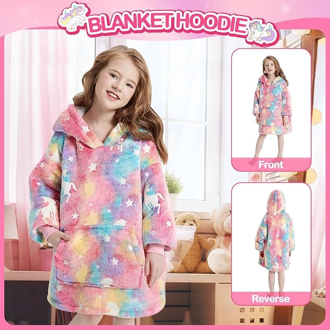 RAINBEAN Glow In The Dark Wearable Blanket Hoodie For Kid, Oversized Hooded Wearable Blanket Sherpa, Soft Blanket Hooded Gift For Girls And Boys 3-6 Years